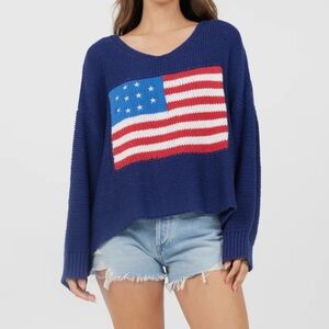 Oversized Navy Crewneck Sweater with Flag Motif - Women